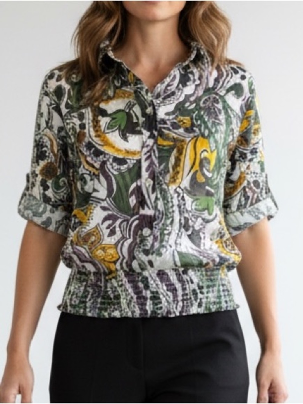 NWT Magazine Paisley Button-Front Blouse with Smocked Hem Size S